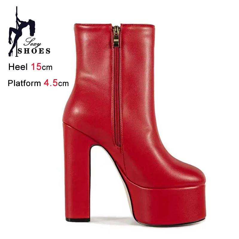 Autumn Winter Women Short Boots Red 15cm Super High Heels Thick Soled Ankle Boots Casual Side Zipper Lady Shoes Coarse Heel Boot