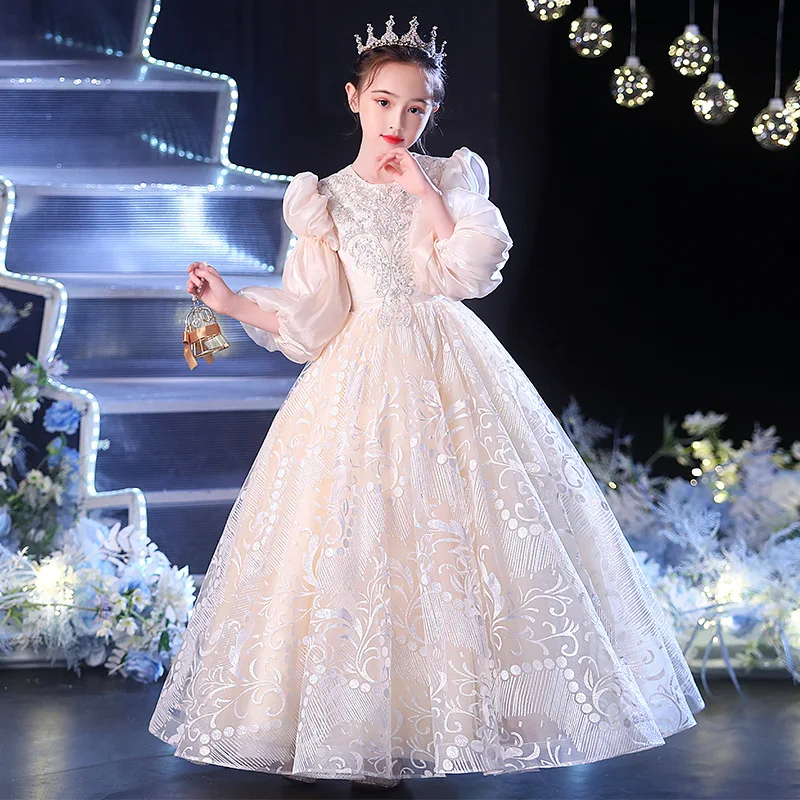 

high-end Beading Fluffy Flower Girl Dress Lace Embroidered Wedding Princess Dress Host Performance Costume Skirt Evening Dresses