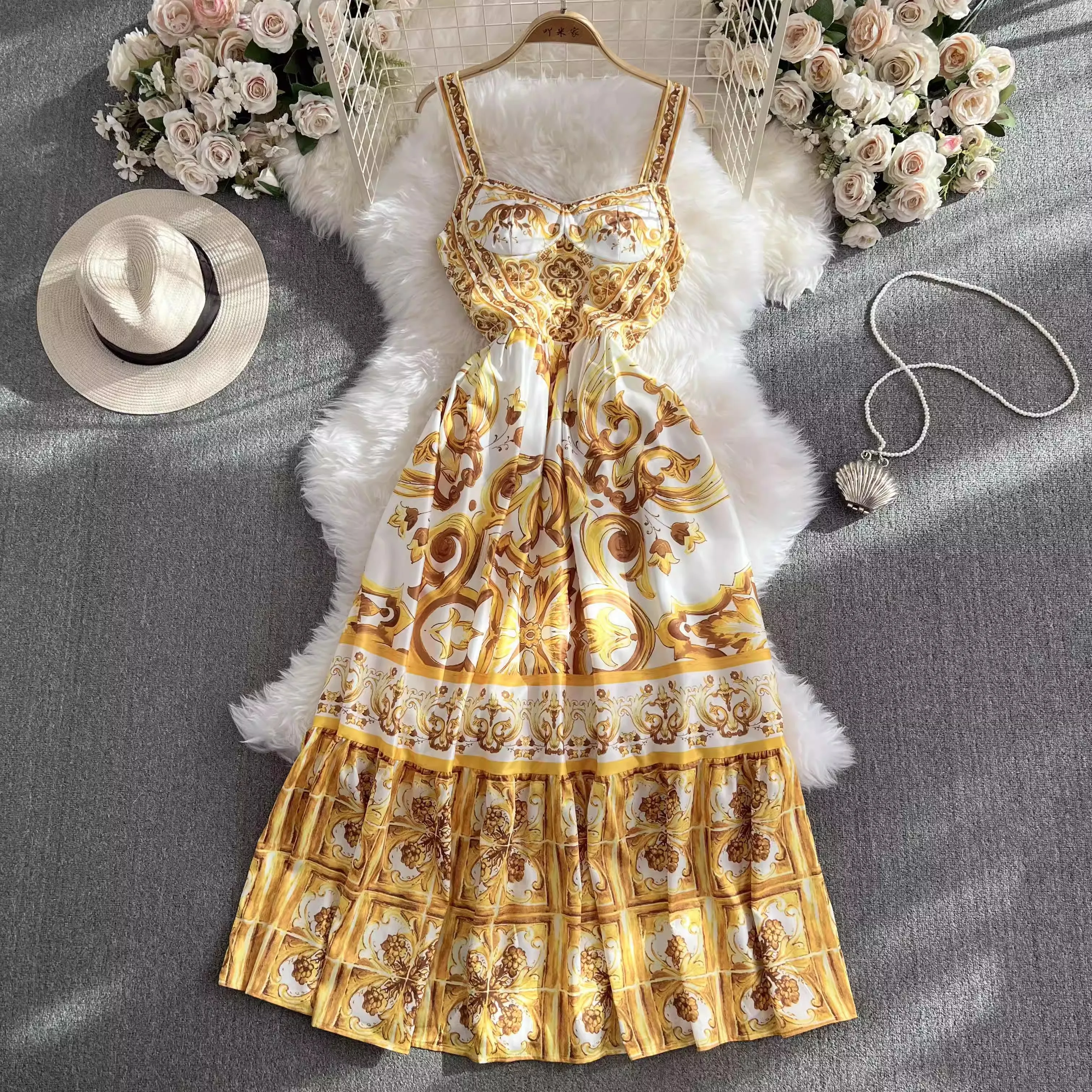 blue dress for baby girl Light Yellow Spaghetti Straps A-Line Hollow Appliqued Maxi Floral with Slit