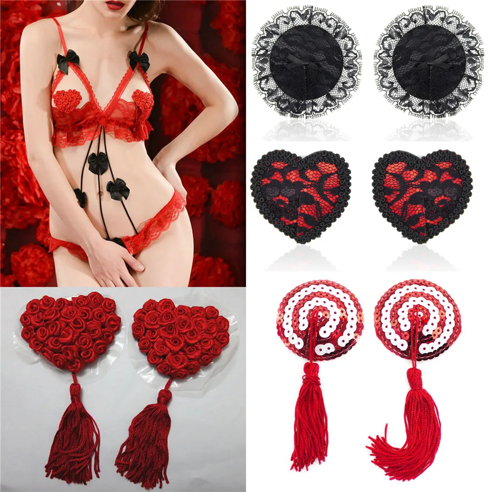 1 Pair Sexy Women Lingerie Sequin Tassel Heart Shaped Breast Bra Nipple Cover