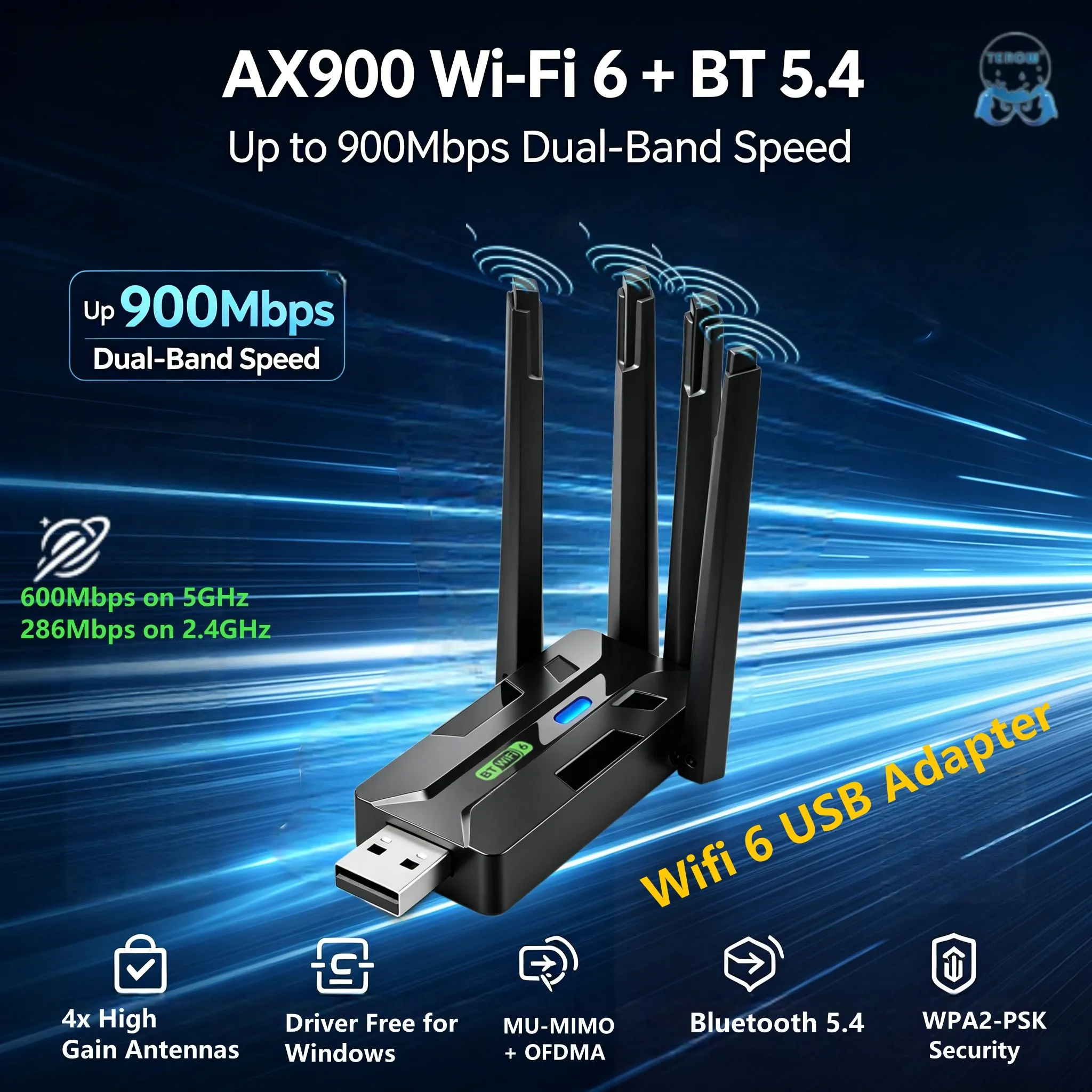 AX900 Wi-Fi 6 USB 어댑터 블루투스 5.4 무선 네트워크 카드 900Mbps 듀얼 밴드 2.4G/5.8G WiFi 동글 - PC Win7/8/10/11용