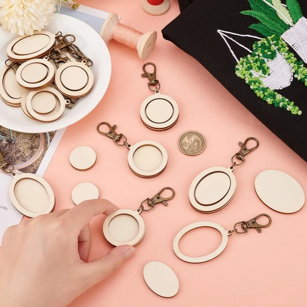 24 Pcs Mini Embroidery Hoop Keychain Tiny Wooden Cross Stitch Hoop with Lobster Claw Clasp Oval/Round Wood Pendant Kit for Craft
