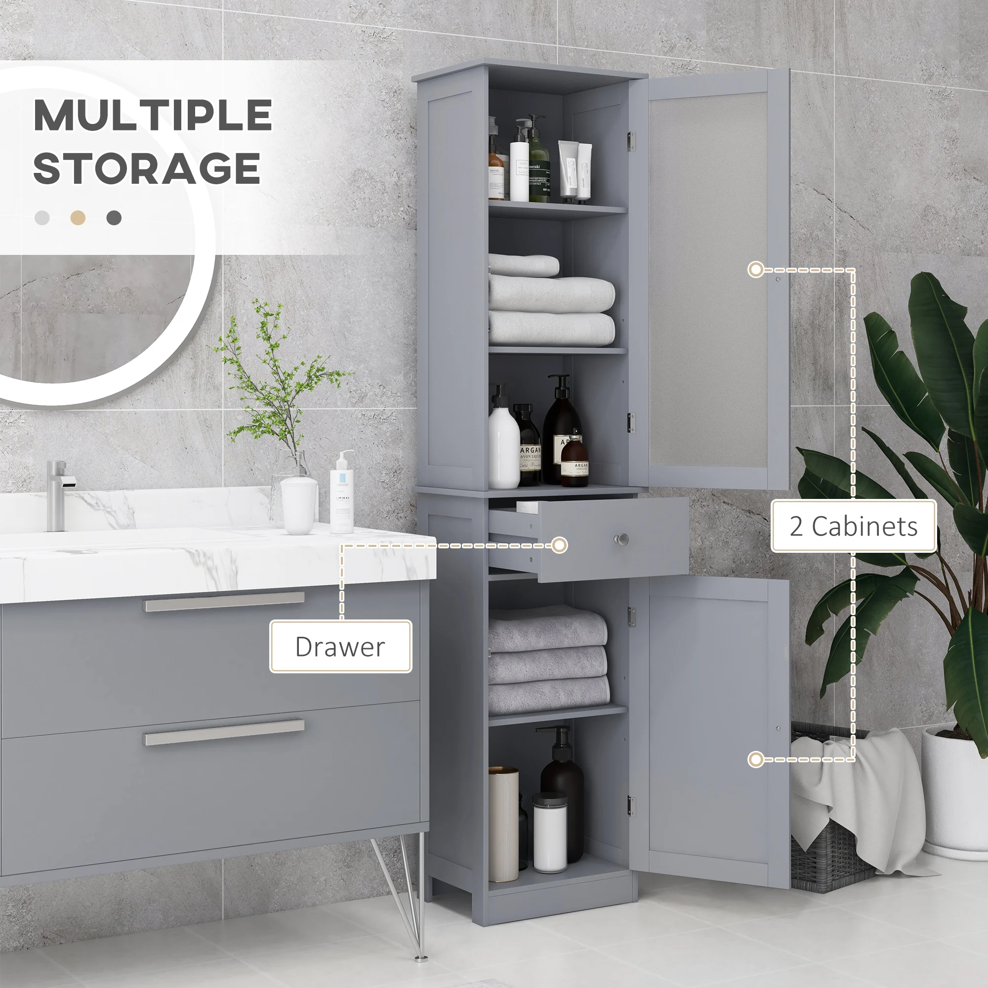 Kleankin Slim Bathroom Storage Cabinet, Tall Bathroom Cabinet, Narrow Linen Tower with Acrylic Door, Drawer and Shelves, Gray 4