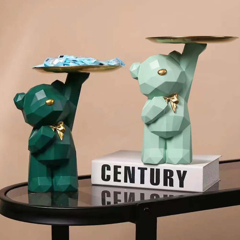 Resin Geometric Bear Storage Tray Lovely Nordic Bear Sculptures Keys Jewelry Lipstick Holder Home Table Statue Decorations