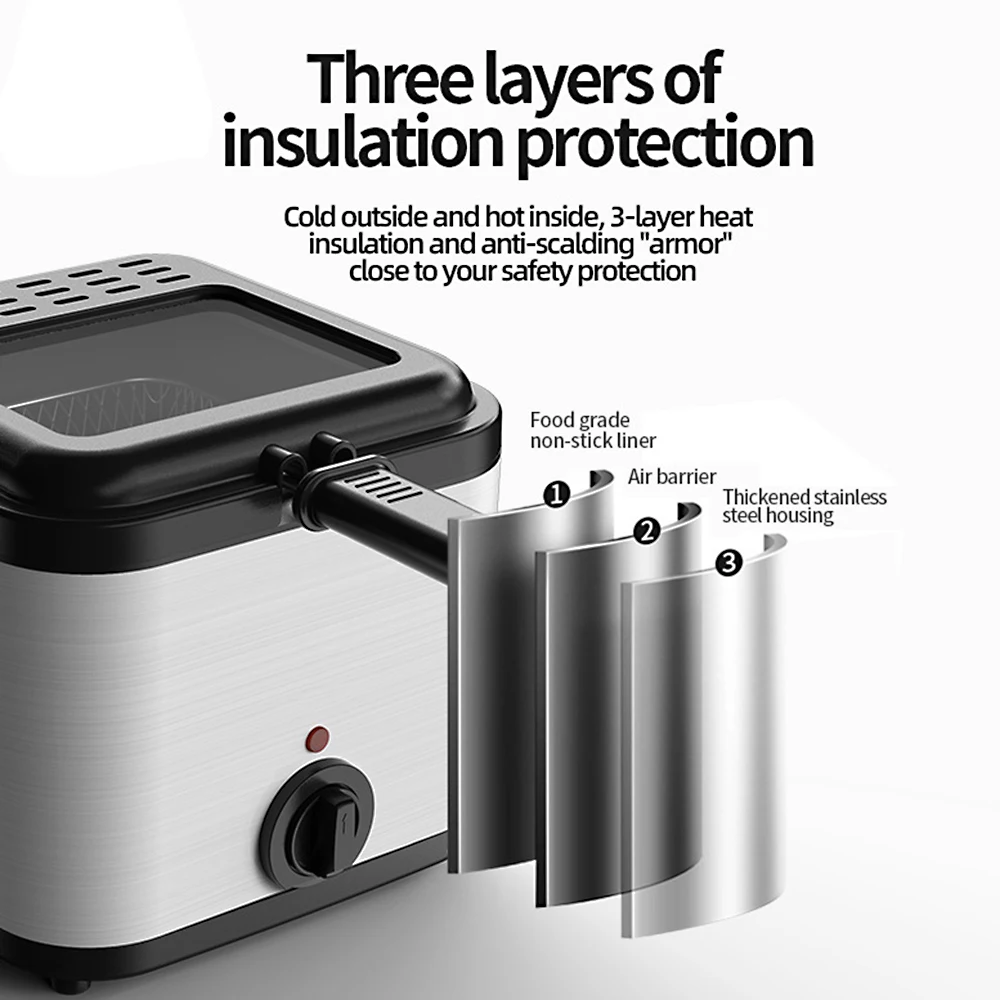 2.5L Electric Fryer Household Mini Electric Fryer 1000W Multiple Function Stainless Steel Fryer Kebab French Fries Machine