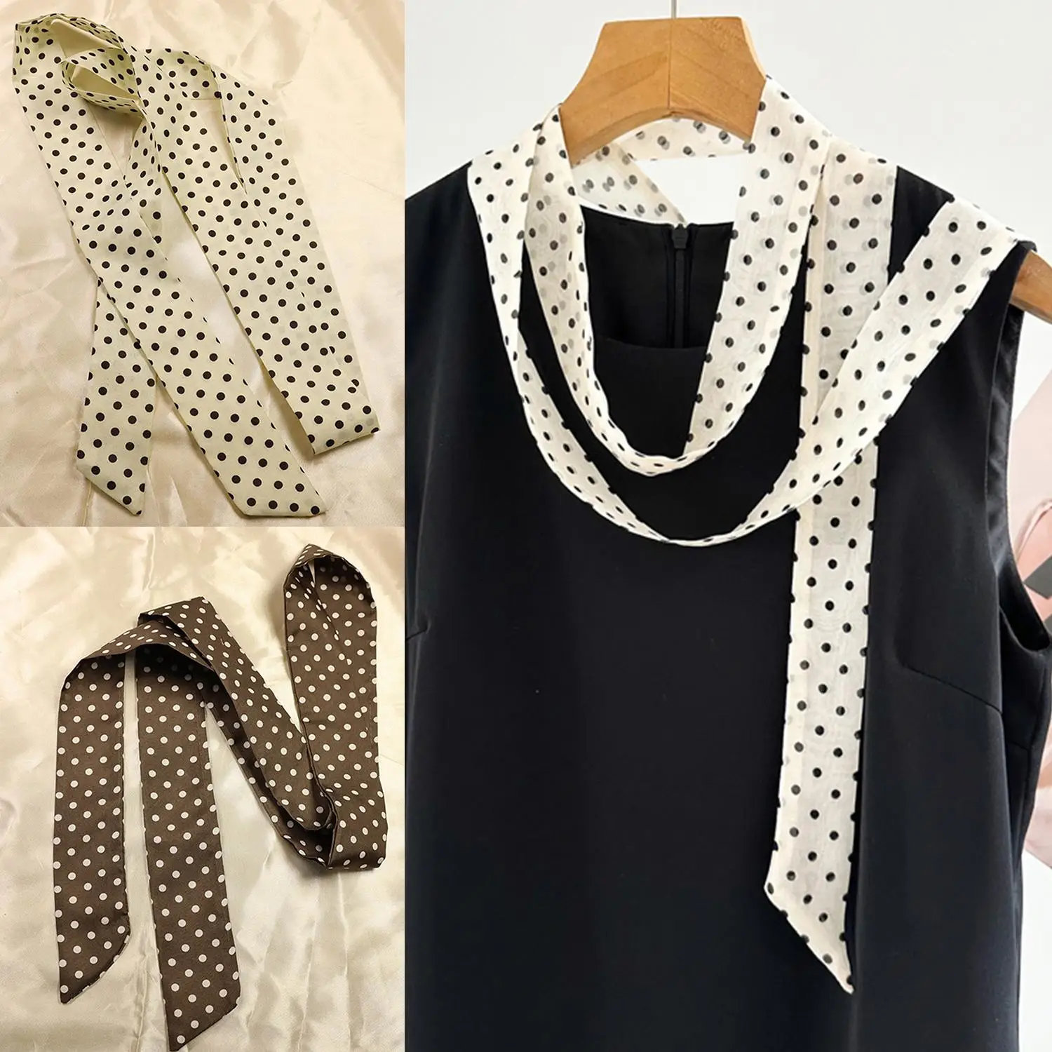 Women Narrow Long Scarf 150x4cm Polka Dot Tie Bag Ribbon Headband Choker Streamer Lady Accessories - 6