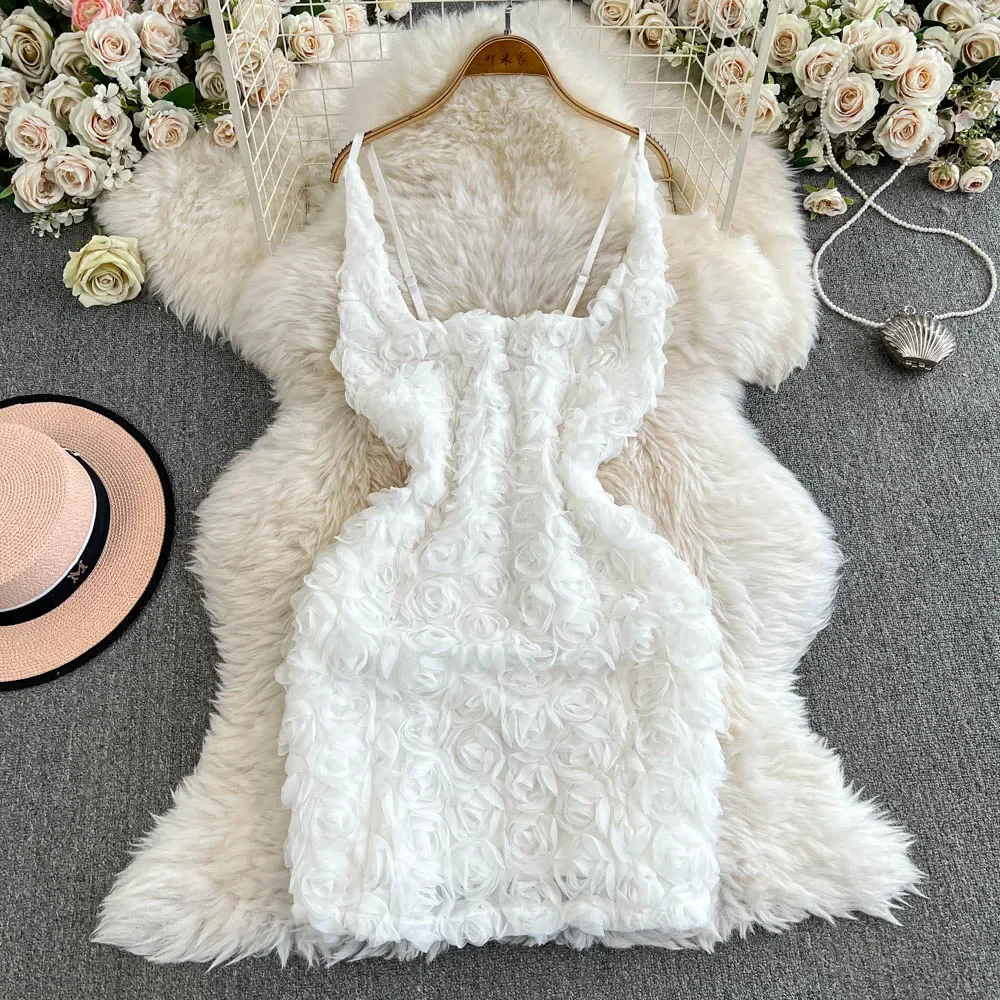 Hotsweet Straps Elegant Sleeveless Backless Lace Three-dimensional Floral  Slim Short Dresses Evening High Street Autumn Clothing - AliExpress  200000345
