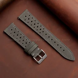 Vintage Racing Leather Watch Band with Handmade Stitching and Quick Release - 22mm (Grey)