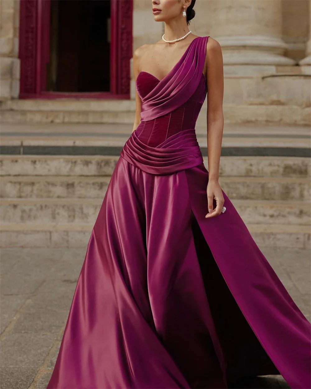 

Exquisite One-shoulder Ball gown Celebrity Party Fold Draped Satin Prom Dresses فساتين مناسبة حسب الطلب vestido festa 칵테일드레스