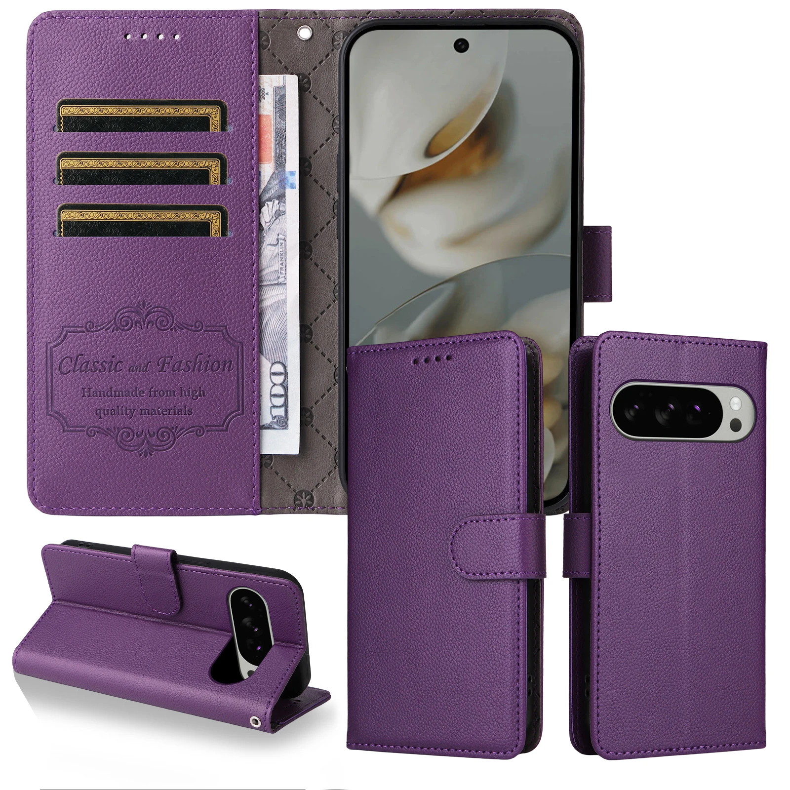 Luxury Litchi Pattern RFID Blocking Wallet Leather Case with Magnetic Flip Cover