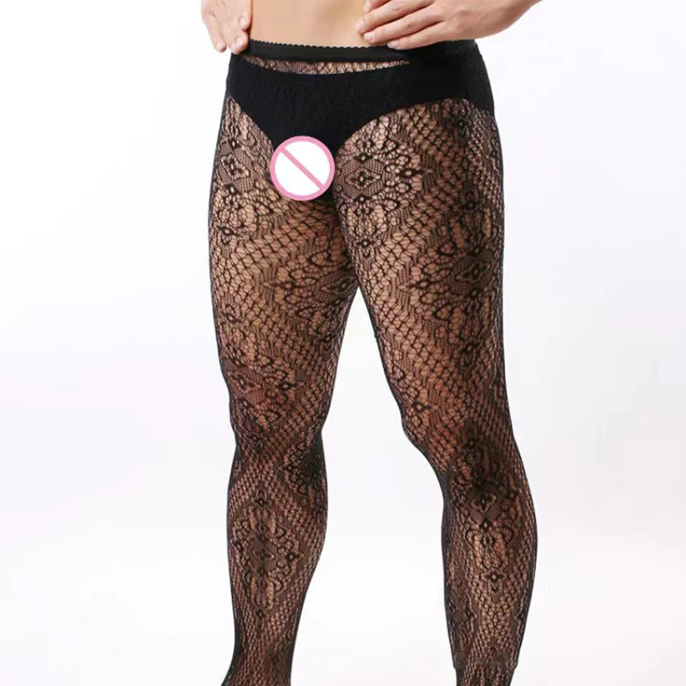 Men Sissy Body Stockings Erotic Pantyhose Sheer Mesh Fishnet Tights Pants Stocking Hollow Out Gay Porn Hosiery