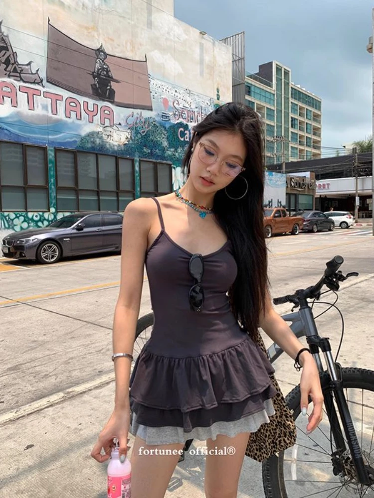 

HOUZHOU Summer Slip Mini Dress Women Streetwear Pleated Patchwork Bodycon Dresses Y2k Vintage Backless Sleeveless Sundress