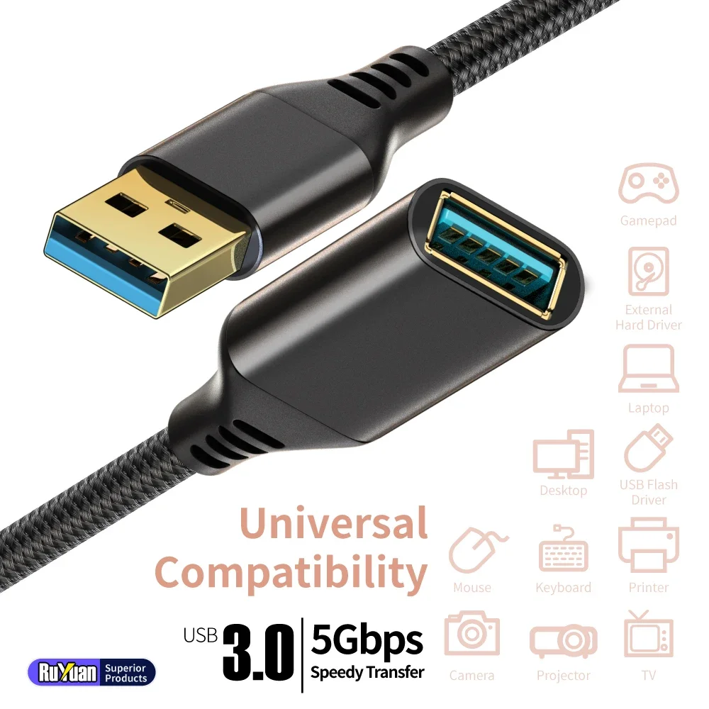 Durable Braided USB 3.0 Extension Cable - Type A Male to Female - Fast Data Transfer