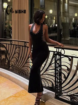 CNYISHE Halter Solid Backless Women Dresses Sleeveless Fashion Sheath Trendy Split Sexy Club Party Bodycon Vestidos Female Robes 1