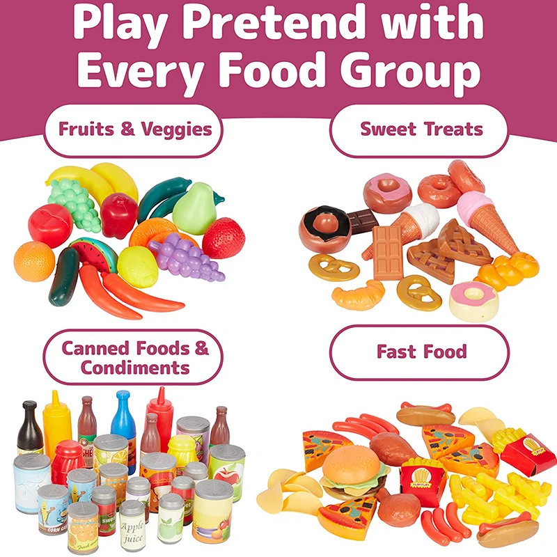 120pcs Assorted Toys Deluxe Pretend Food Value Play Kitchen Fruit Vegetable Food Jar Dessert Tableware Bottle Plastic Play Toys 4