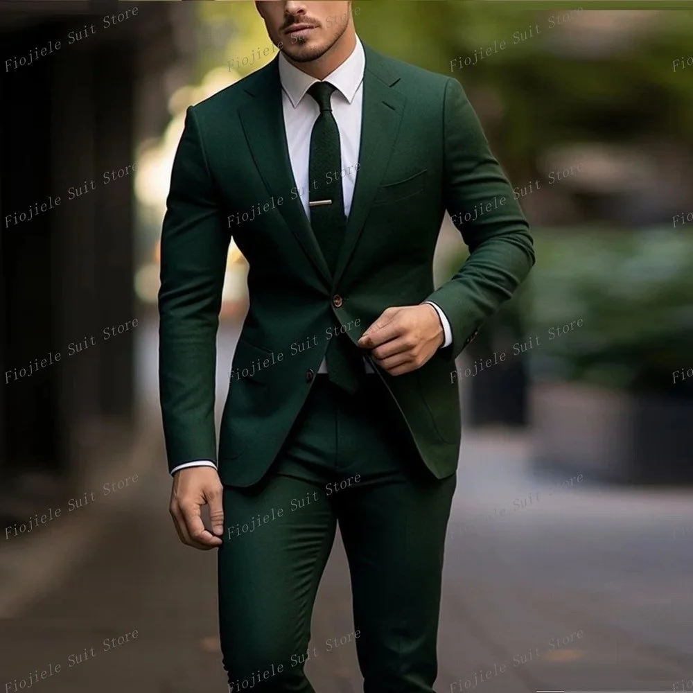 

New Dark Green Business Suit Men Tuxedos Groom Groomsman Prom Wedding Party Formal 2 Piece Set Jacket And Pants