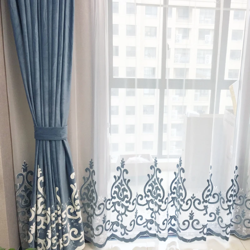 Nordic Velvet Embroidered Blue French Curtains for Living Dining room Bedroom Tulle Finished Product Customization