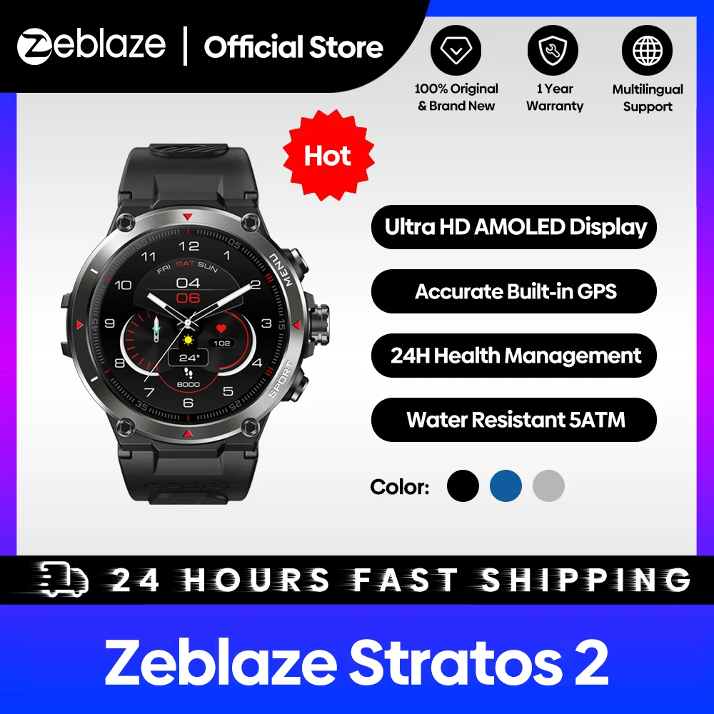 [The New 2022] Zeblaze Stratos 2 GPS Smart Watch AMOLED Display 24h Health Monitor Long Battery Life Smartwatch for Men