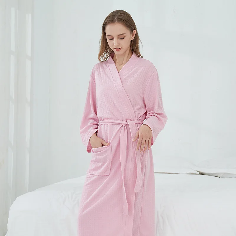 

Solid Colour Couple Robe Nightgown Waffle Kimono Spring Autumn Bathrobe Gown Sleepwear Loose Casual Loose Home Wear with Pocket