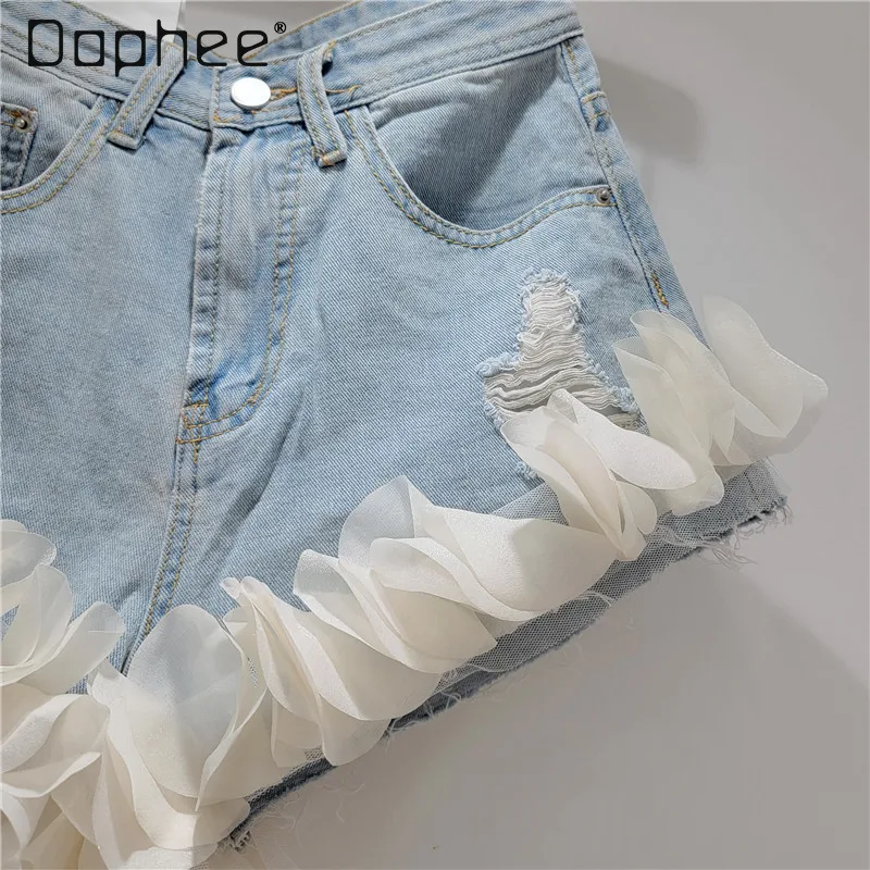 Sweet Women's Patchwork Petal Jean Shorts 2024 New Summer Streetwear High Waist Slim Wide Leg A- Line Light Blue Denim Hot Pants