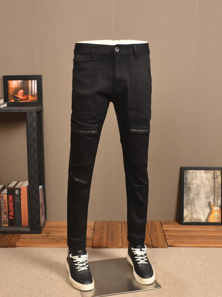 Black Stitching Jeans Men's Handsome Street Design Stretch Slim Straight Zipper Slant Pocket Casual Trousers