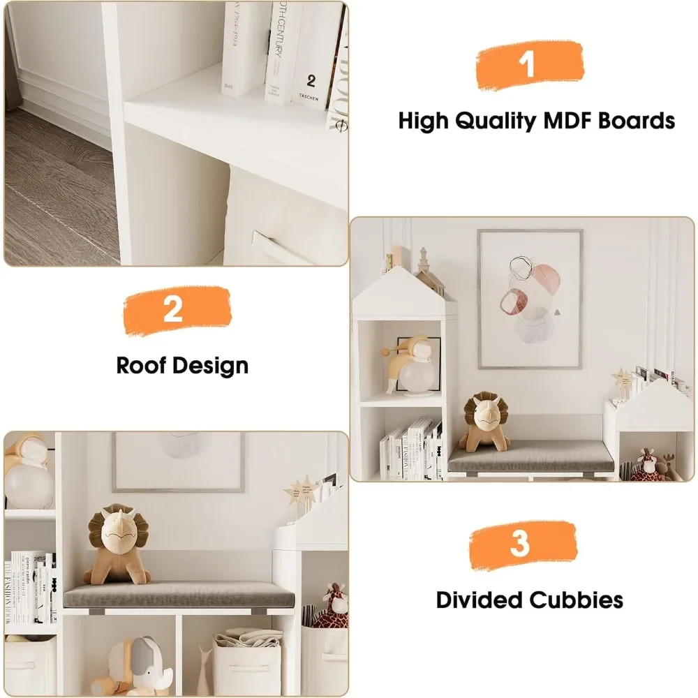 Kids Bookshelf with Reading Nook 47.75in Width Children Bookcase 6-Cubby Toy Storage Organizer Seat Cushion Wooden Storage 5