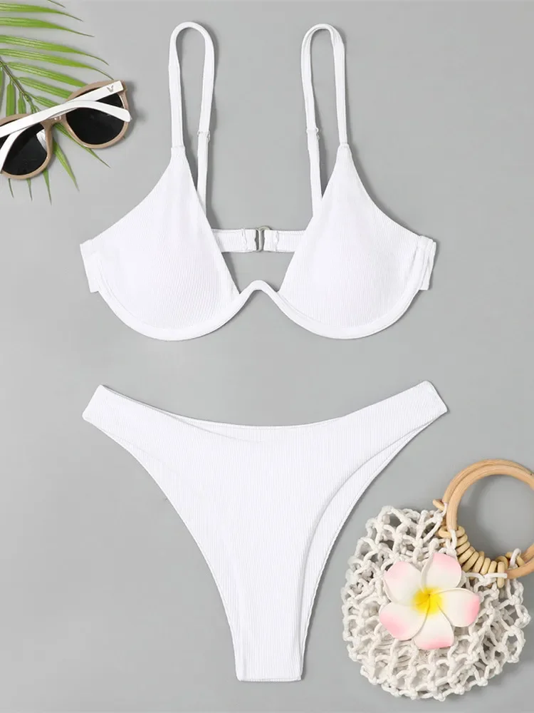 Sexy Underwire Bikini 2024 Women Black White Ribbed Push Up Micro Swimsuit Brazilian Hollow Out Bathing Suit Thong Swimwear
