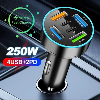 Caricabatteria da auto PD da 250 W a 6 porte Ricarica rapida PD QC3.0 Caricatore per telefono da auto USB C Adattatore di tipo C in auto per iPhone Samsung Xiaomi