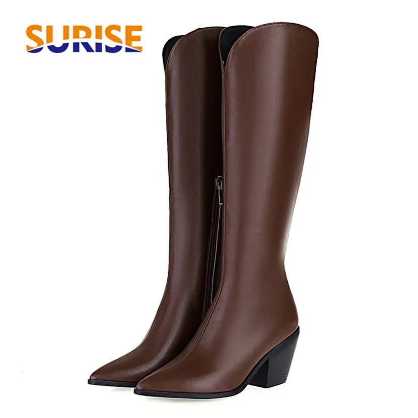 

Modern Women Knee High Boots Black Brown Microfiber Pointed Toe Square Heels Plush Party Office Ladies Western Zipper Long Boots