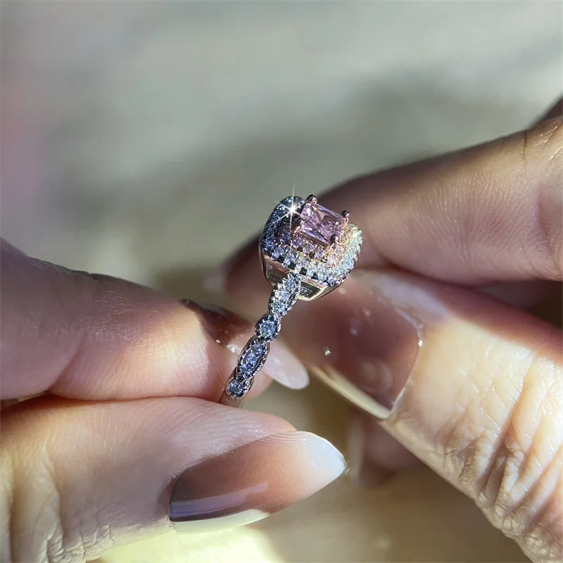CC Silver Plated Rings for Women Romantic Pink Stone Fine