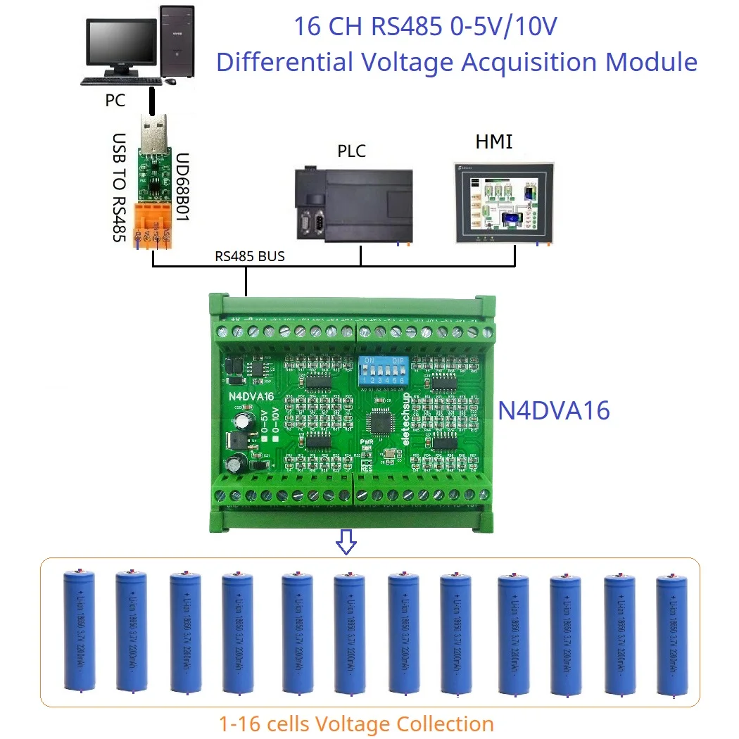 Фото Аккумуляторный блок, дифференциальный аналоговый входной модуль RS485 Modbus RTU 0-5 в 0-10 В, 16 каналов, 12 В/24 В постоянного тока для ПЛК HMI №2