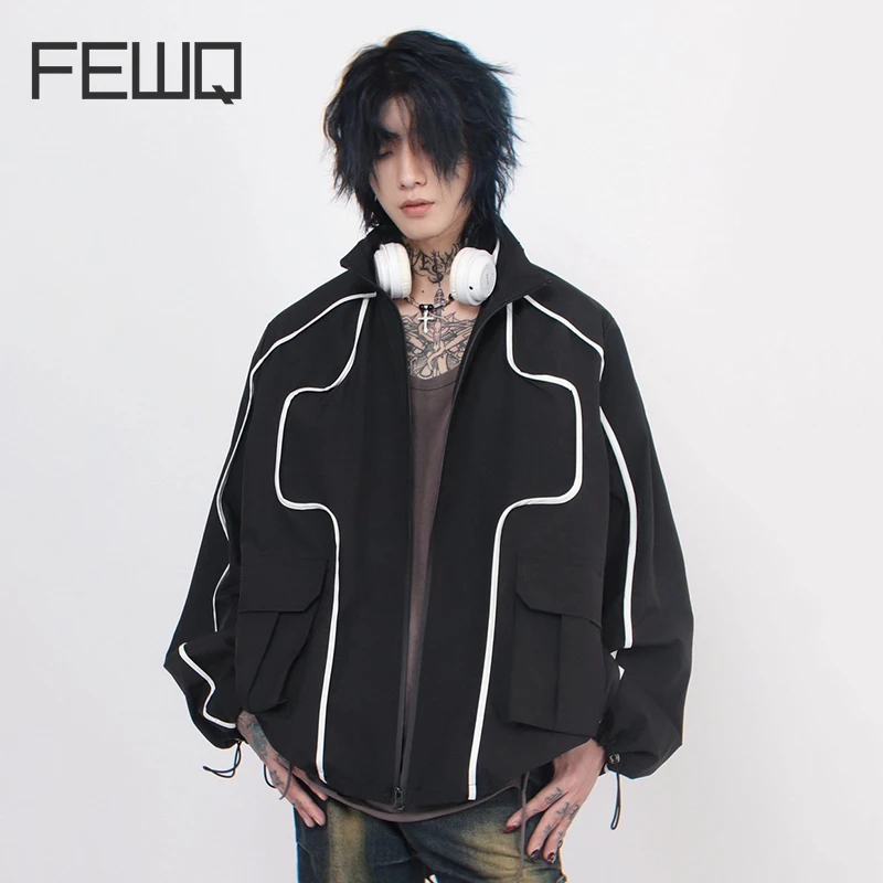 

FEWQ Men's Jacket American High Street Spliced Contrast Standing Collar 2023 Line Decoration Casual Male Coat Autumn 24X1904
