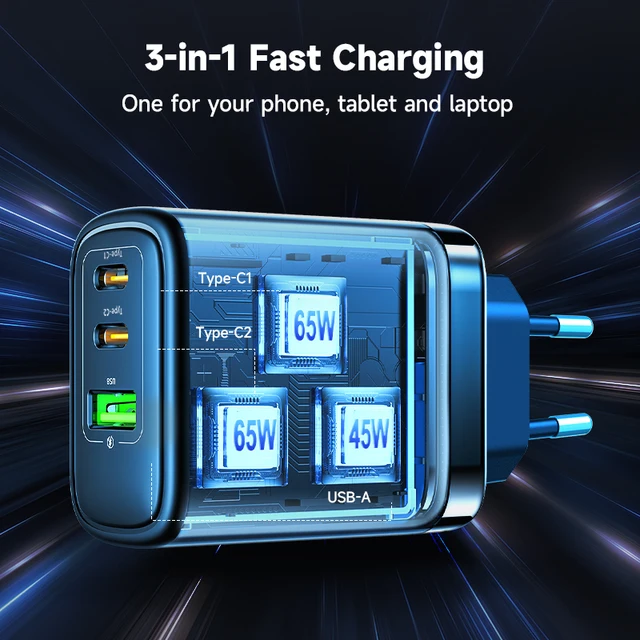 chargeur USB type-c 65W rapide, QC 3.0 PD 3.0, pour ordinateur portable