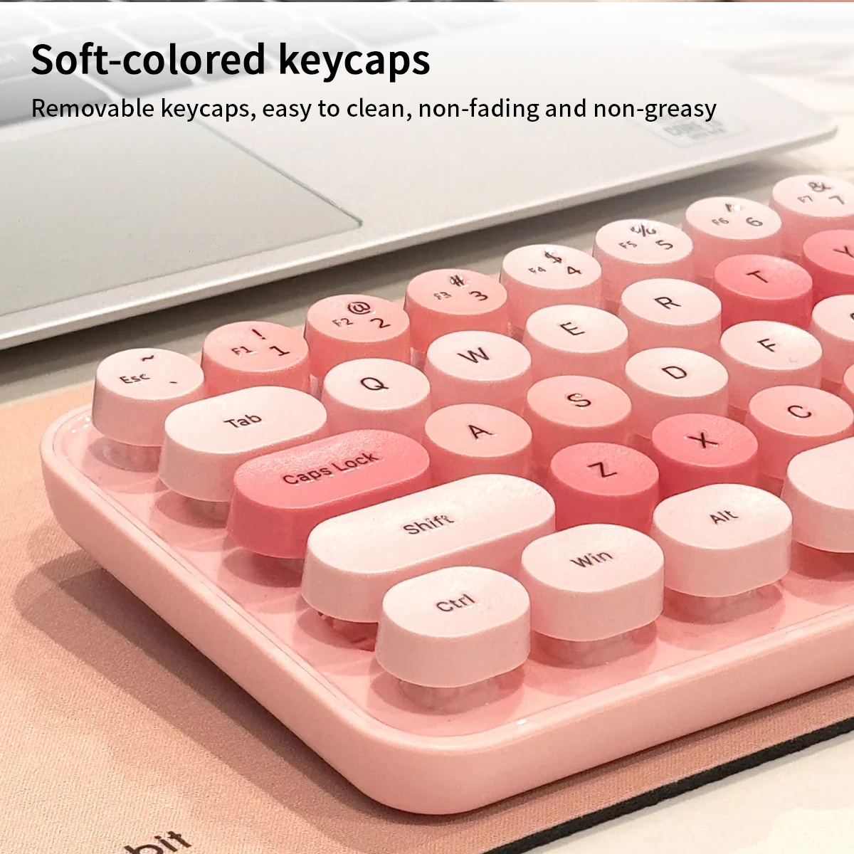 MOFii 3-in-1 무선 키보드 마우스 콤보, 핑크색 라운드 귀여운 키캡, 2.4G 플러그 앤 플레이, PC 노트북용 US QWERTY 레이아웃