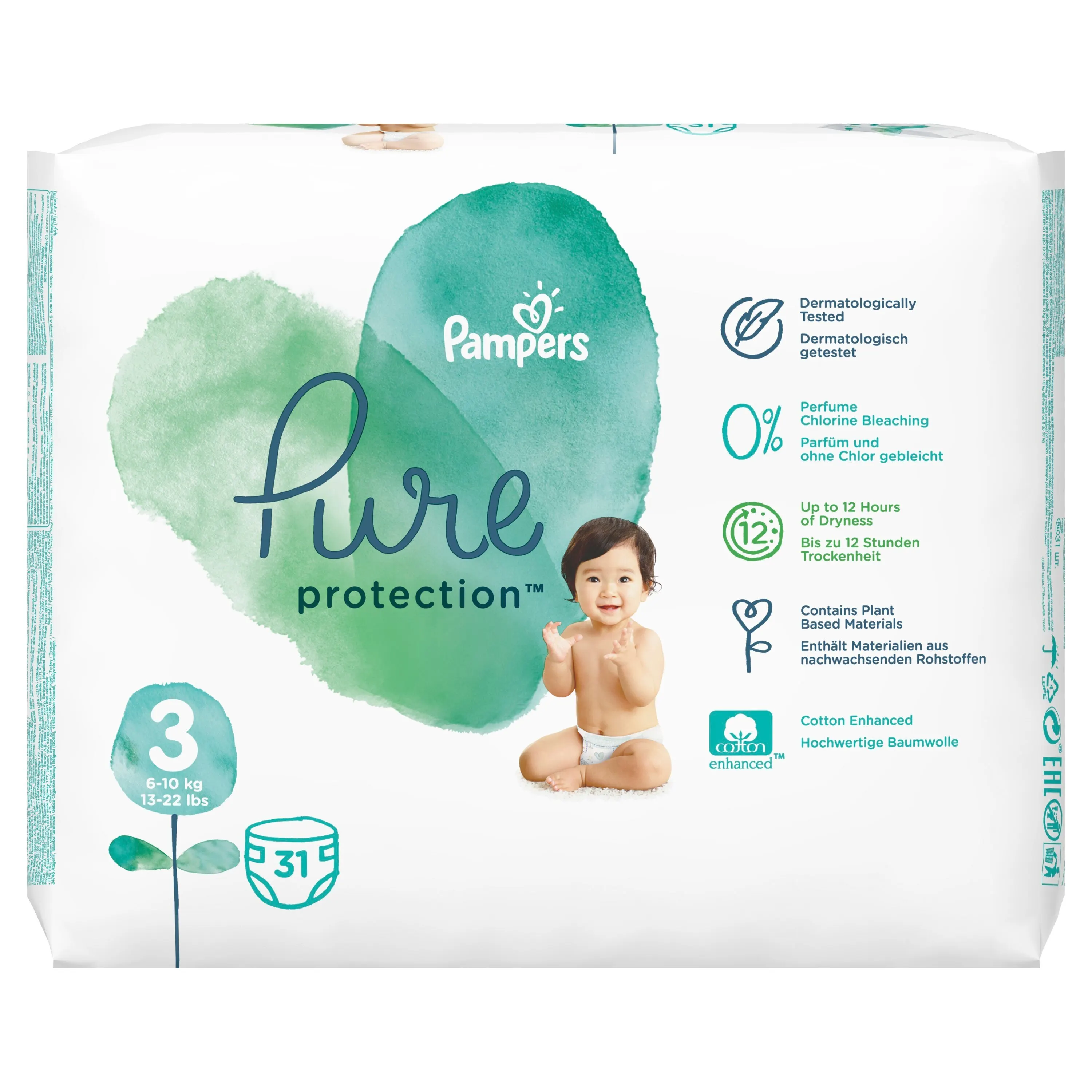 Подгузники Pampers Pure Protection 6-10 кг размер 3 31 шт. | Мать и