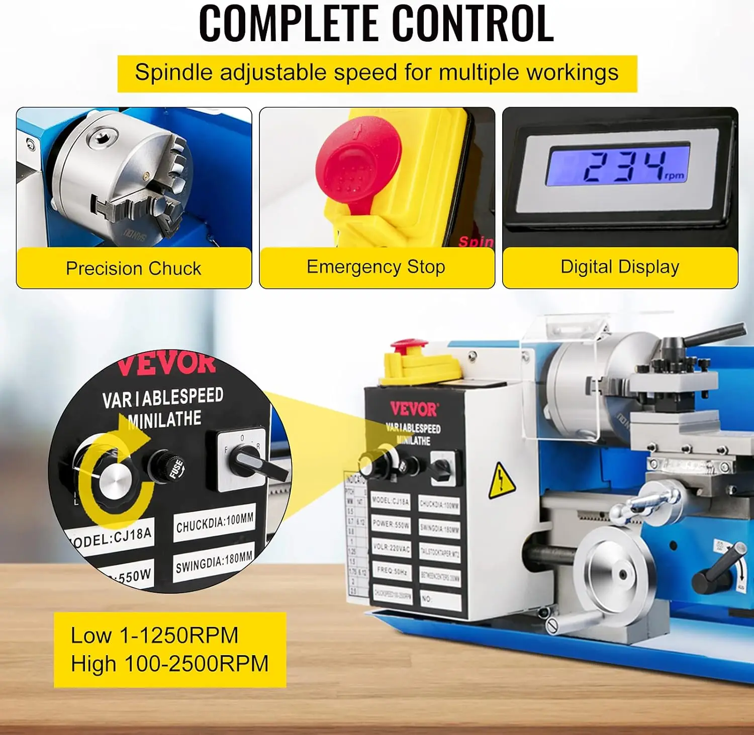 Mini Metal Lathe, 7"x14" Benchtop Metal Lathe, 550W Variable Speed 2250RPM Metal Lathe, with 3-jaw Chuck CNC Mini