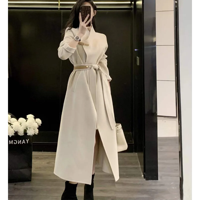 

Elegant Long Woolen Coats Women Winter Fashion Solid Jackets Long Sleeve Chic Outerwear Ladies Waistband Casual Overcoat Quality
