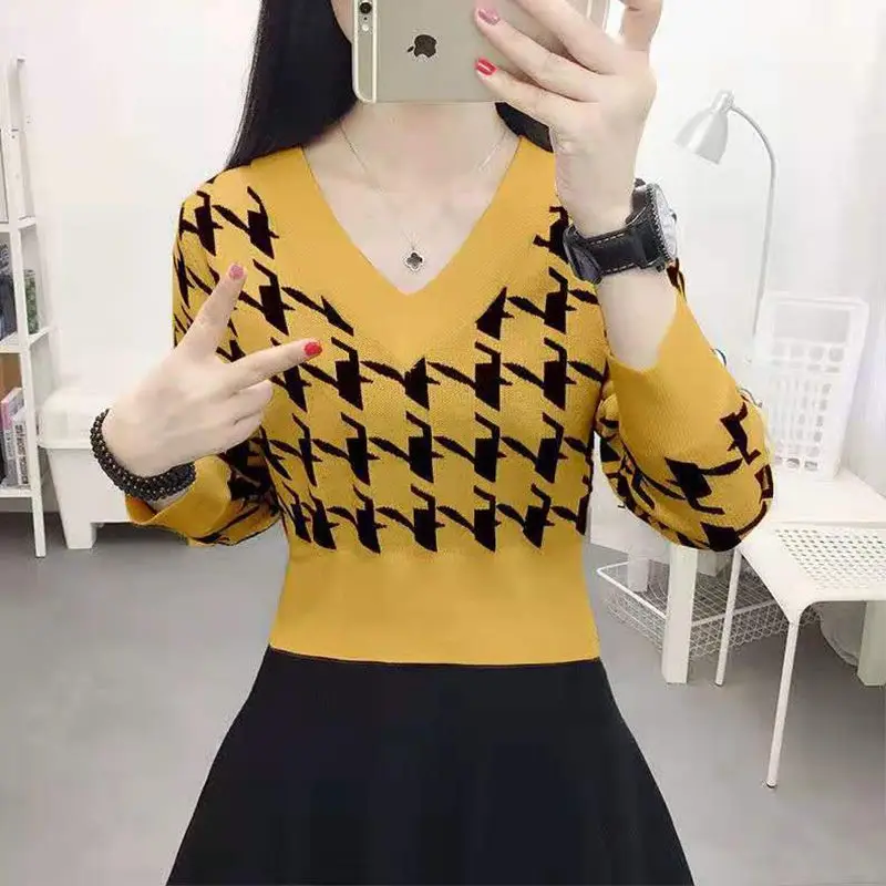 

Fashion V-Neck All-match Houndstooth Sweater Female Clothing 2023 Autumn Winter New Casual Pullovers Commuter Tops