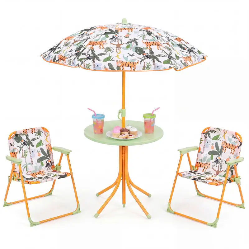 Kids Outdoor Table and Chair Set with 2 Folding Chairs and Height Adjustable Umbrella-Yellow