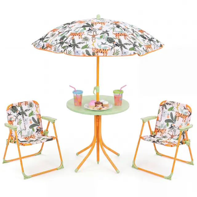 Kids Outdoor Table and Chair Set with 2 Folding Chairs and Height Adjustable Umbrella-Yellow