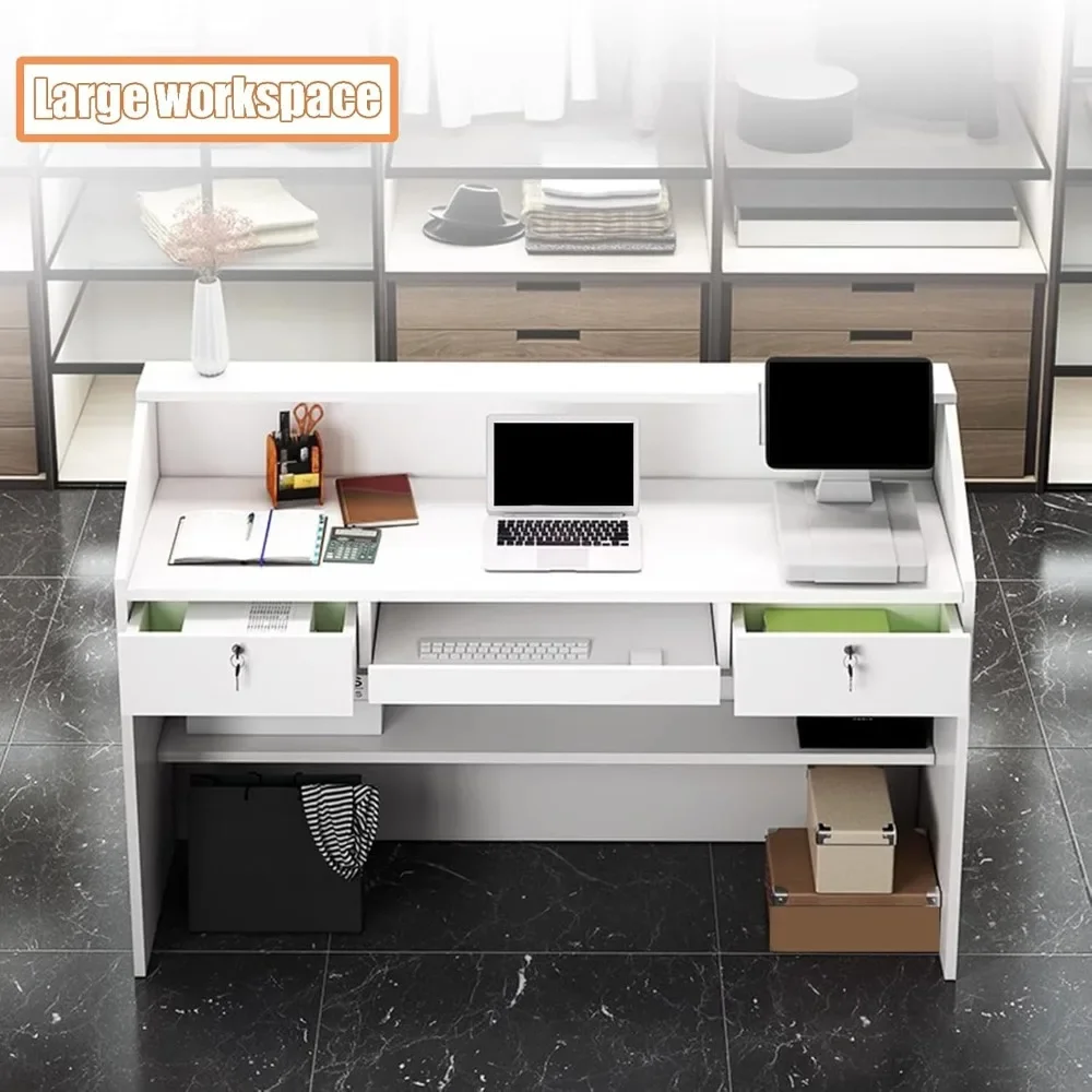 Reception Desk with Counter, Modern Front Desk with Lockable Drawers, White Retail Counter for Checkout Salon, Lobby, Store 3