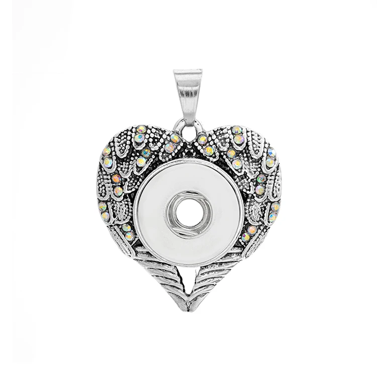 10pcs Vintage Heart Wings Shape Crystal Snap Button Necklace 18mm Metal Snaps Buttons Pendant Necklaces For Women Jewelry