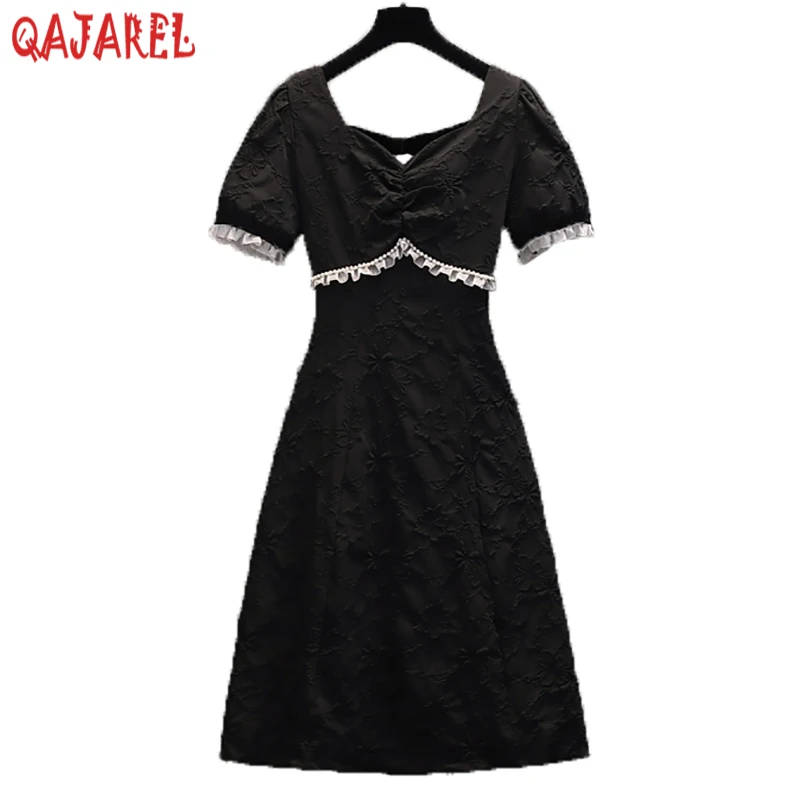 

Women Black Jacquard Chiffon Puff Sleeve Sqaure Collar Sexy Midi Dress 2024 Summer White Korean Fashion Elegant Bodycon Vestidos
