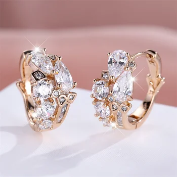 Water Drop Stone Luxury Crystal White Zircon Hoop Earrings For Women Charm Gold Color Ear Buckle Wedding Jewelry Versatile Gifts