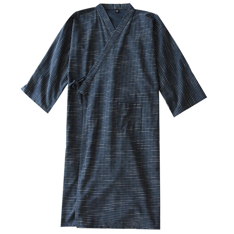 best mens pajamas Plus Size Bathrobe Men's Long Style Cotton Cloth Spring and Summer Robe Men's Striped Steaming Home Bath Robe for Man mens silk pajamas