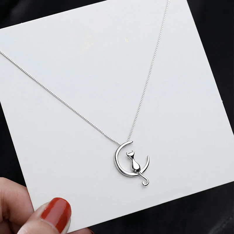 Pendant Necklace Silver Necklace Silver Pendant Silver Necklace Charms 925 Sterling Silver Moon Cat for Women Girl