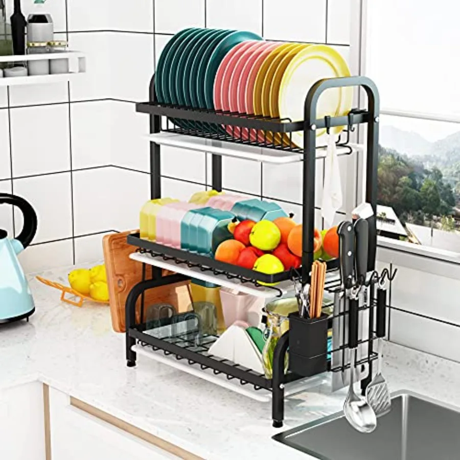 Drying Rack Metal 3Tier Large Capacity Dish Rack with Utensil Holder Cutting Board Holder Drain Board Tray for Kitchen Counter