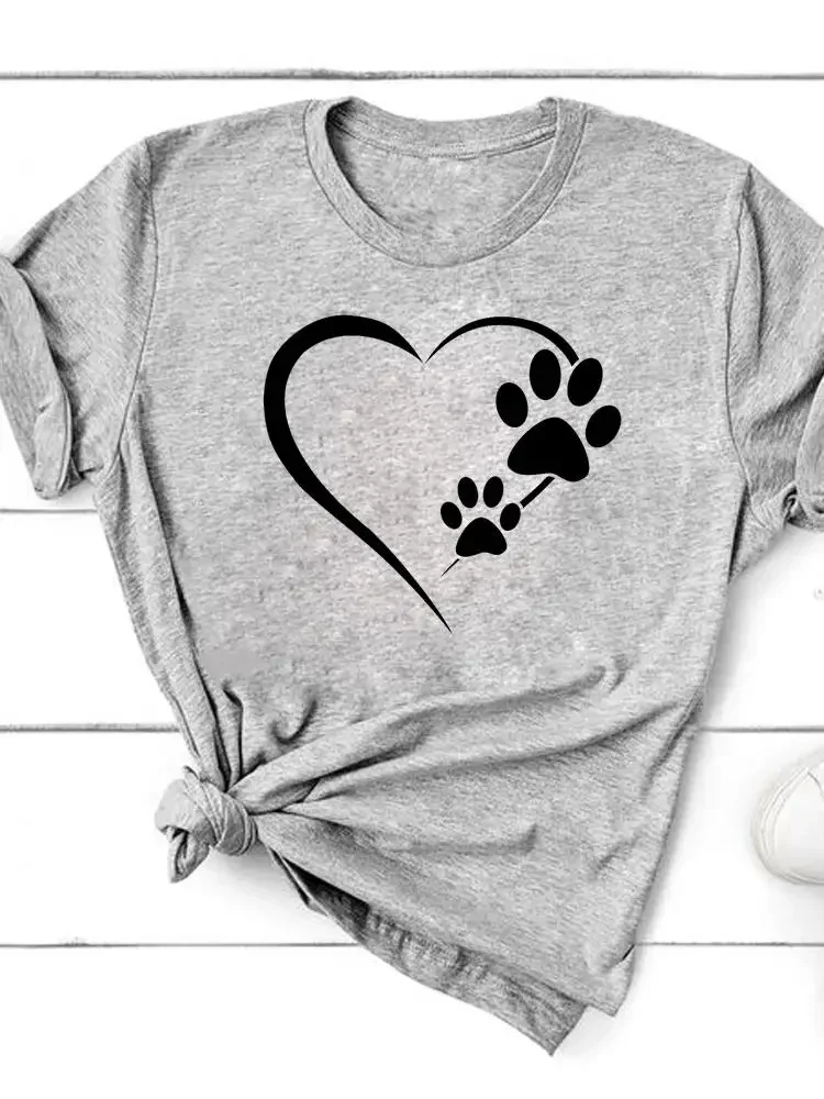 

Fashion Short Sleeve Women Print T Shirt Tee Basic Clothes Paw Cat Dog Love Heart Trend Graphic T-shirt Clothing Summer Top