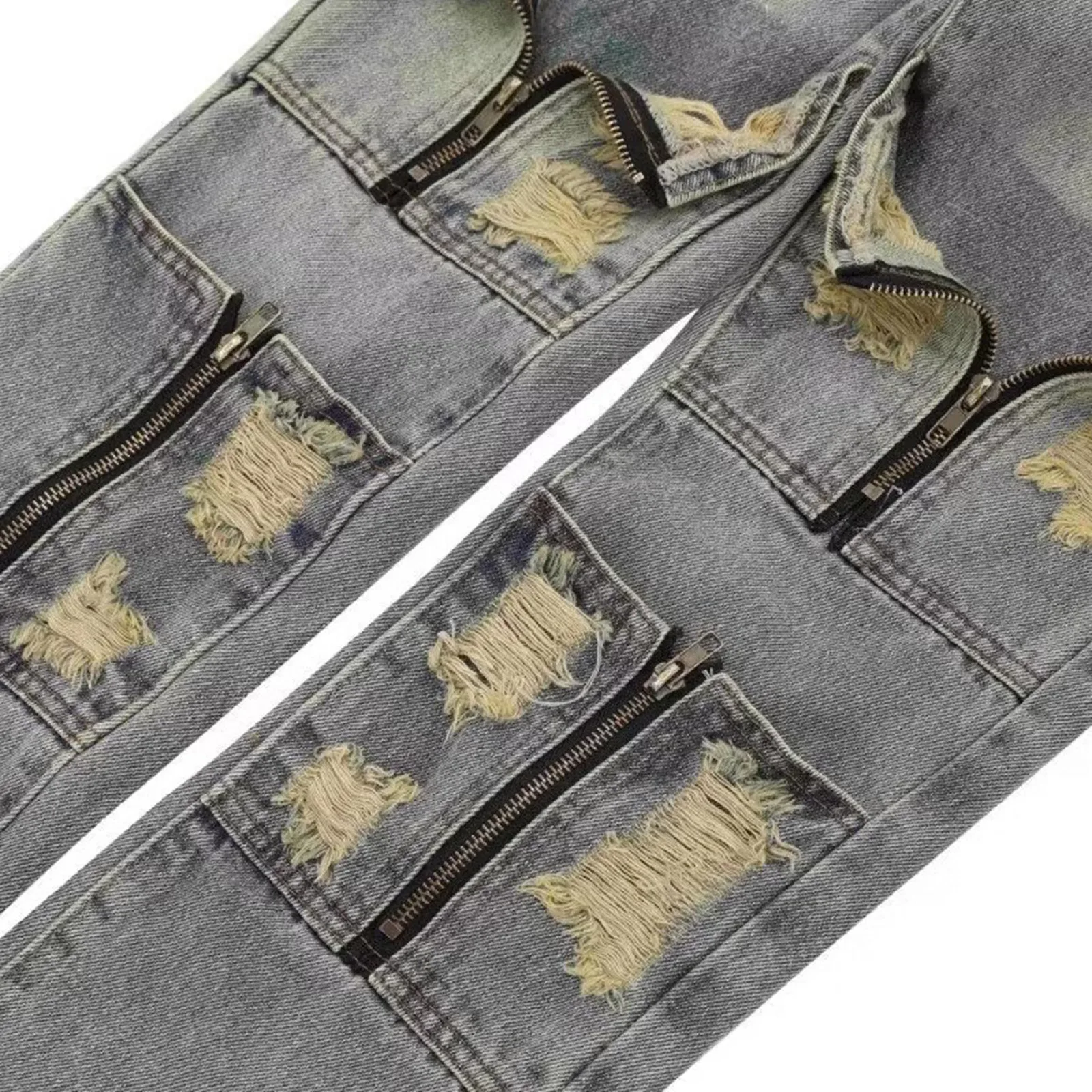 Vintage Ripped Loose Personality Denim Pants Men's High Street Fashion Straight Leg Jean Denim Pants Men Stretch Trousers