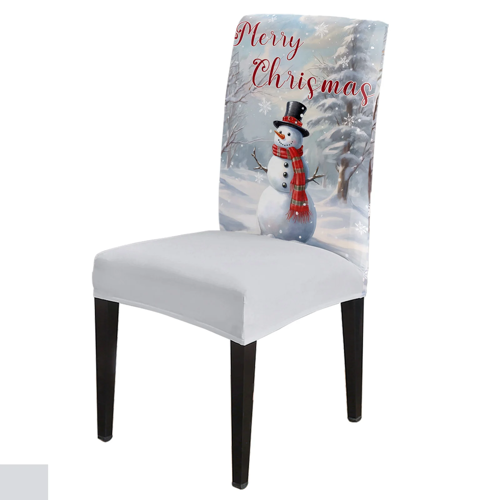 

Christmas Snow Scene Snowman Chair Cover Spandex Elastic Dining Chair Slipcover Wedding Festival Stretchy Seat Cover